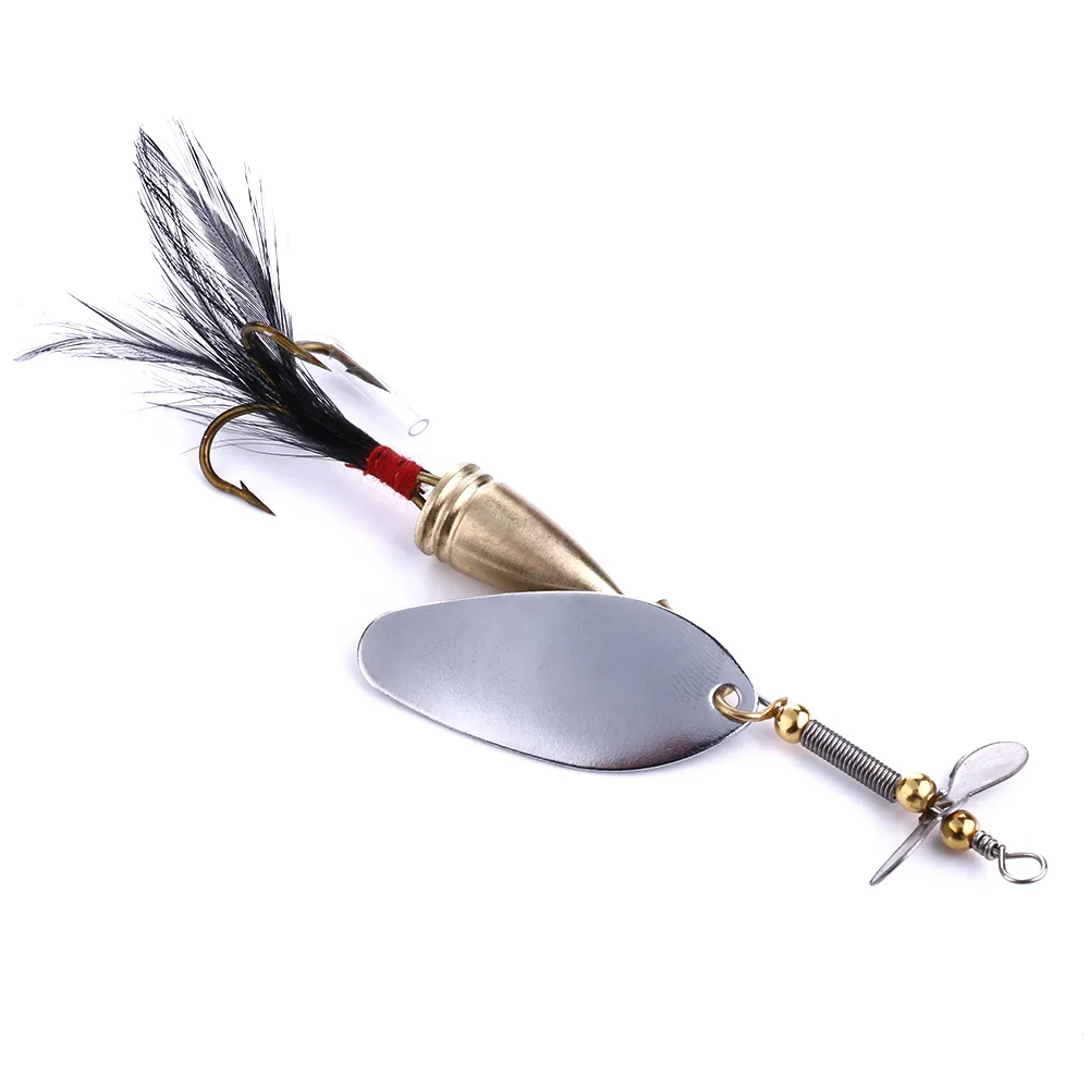 1pcs Gold Metal Spoon Fishing Lures 9cm Spinning Bait with Black Feathers Sharp Hook Tackle Lure | Спорт и развлечения