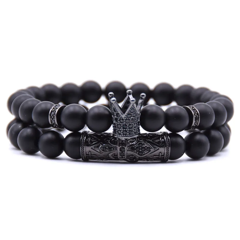 Black Matte Beads Bracelets 8mm Onyx Stone Sets Charm King Crown for Women Men Jewelry pulseras mujer para hombre | Украшения и