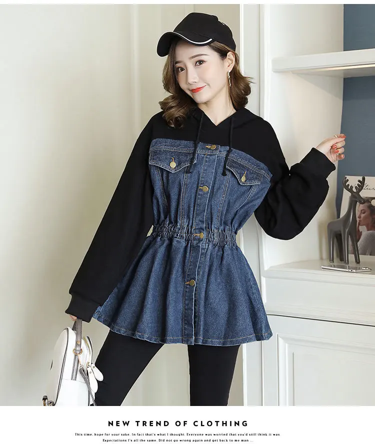 New Spring Fashion Loose Denim Patchwork Hooded Sweatshirts Slim Waist Students Hoodies Casual Tops for Women