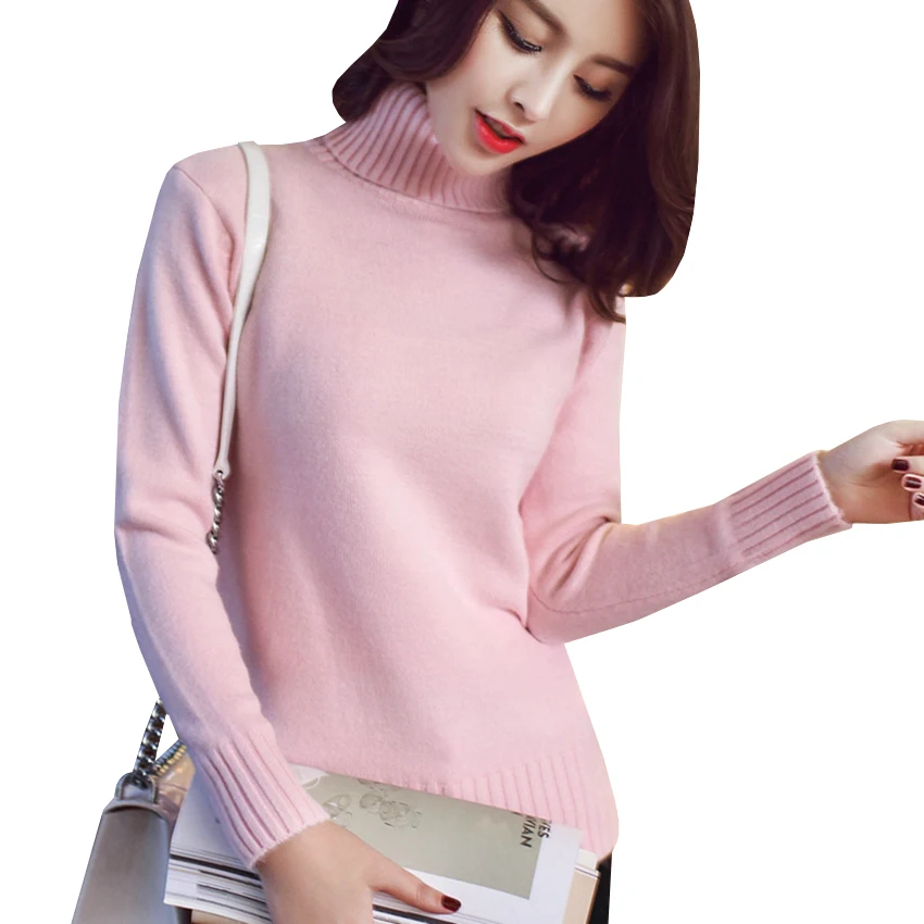 

New Fashion Turtleneck Knitted Pullovers Autumn Winter Women Sweater Solid Long Sleeve Knitwear Sweaters Female Basic Tops AB450