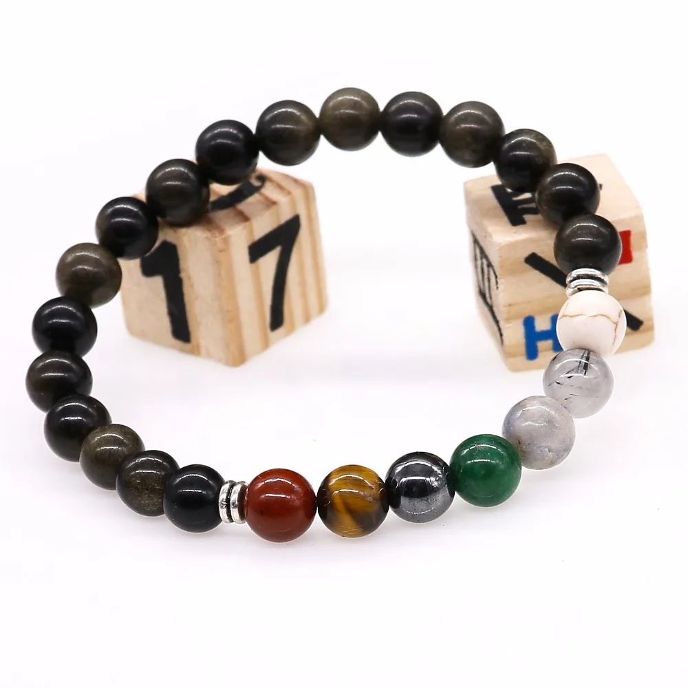 Мужские браслеты разных цветов радуги черный обсидиан 7 Чакр Исцеление баланса