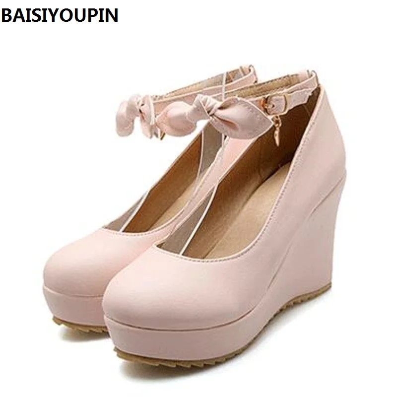 2017 г. Новая модная Милая обувь для принцессы с бантом на танкетке высоком каблуке