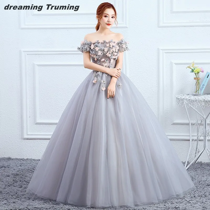 Платье Quinceanera Недорогое серебристого и серого цвета с цветами ручной работы