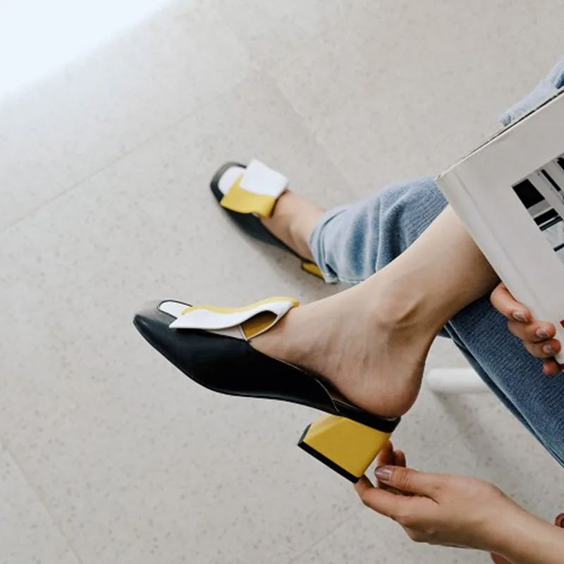 ?? 奪う猫 2019 スリップサンダルブロックヒールウェディングミュールエレガントなオフィス靴ビッグサイズ 44 45 パーティースライドスリッパに反転フロップ