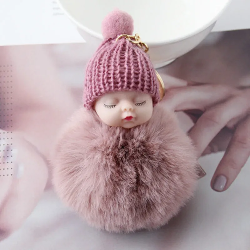 10pcs Fashion Sleeping Baby Doll Keychain Pompom Rabbit Fur Ball Key Chain Car Keyring Women Holder Bag Pendant Charm Gifts | Украшения и
