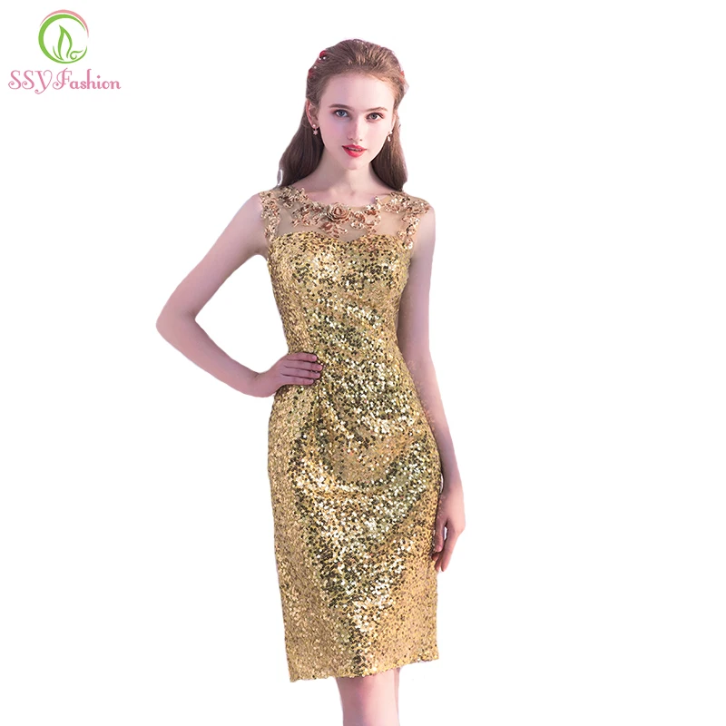 Ssyfashion Новый банкет Роскошные короткое вечернее платье с золотыми блестками без