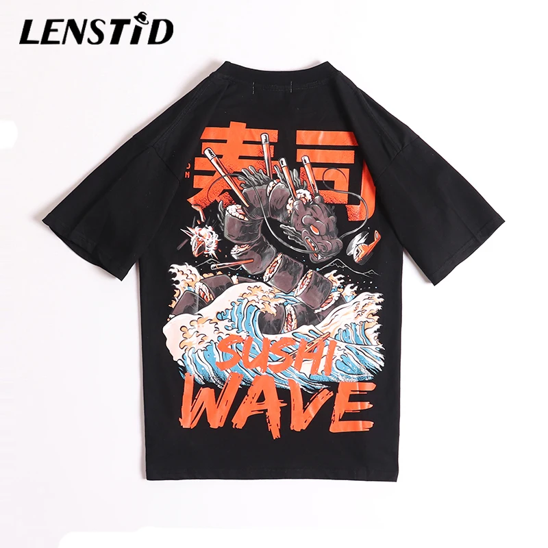 LENSTID японская Harajuku футболка мужская летняя хип хоп Футболка Sushi Wave Dragon одежда в
