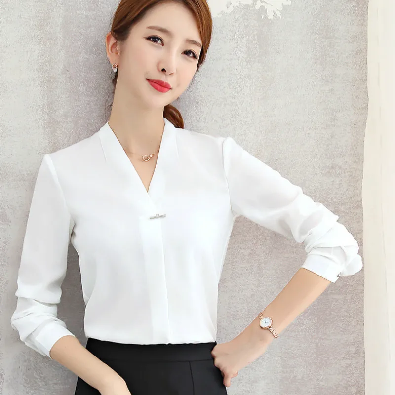 Spring and Autumn Korean Version of The Solid Color V-neck Blouse Fashion Long-sleeved Overalls Professional Women 2019 |