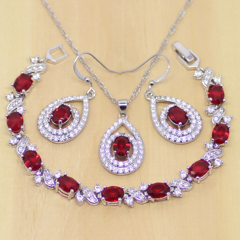 Комплект ювелирных изделий из стерлингового серебра 925 пробы с красным цирконием