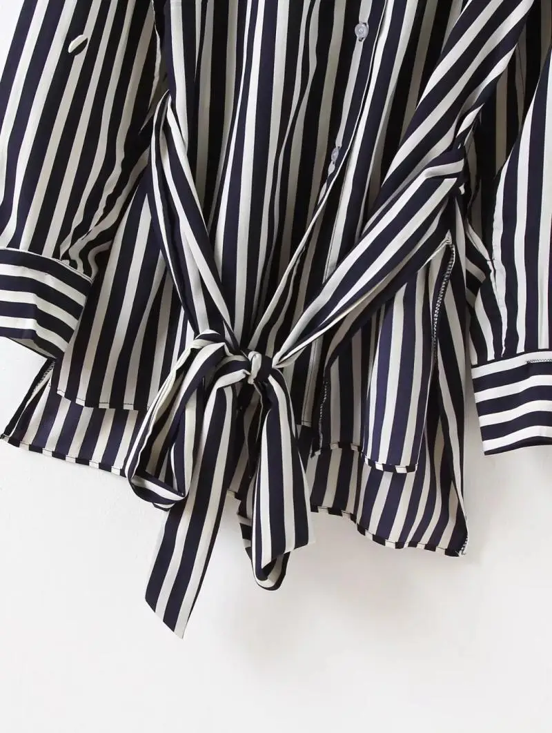 Новый 2017 Повседневная Полосатый Пояс Женщины Блузка Рубашка Женская Однобортный