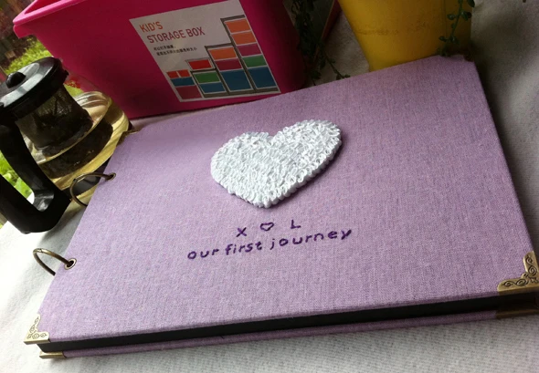 29 7*21 см фиолетовый льняной альбом ручной работы 2 кольца белое сердце вышивка