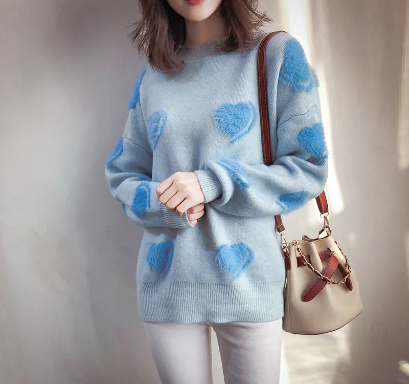 Autumn and Winter 2018 New Sweet Slim Loving Jacquard Knitted Shirt Angra with Mink Fur Loose Sweater |