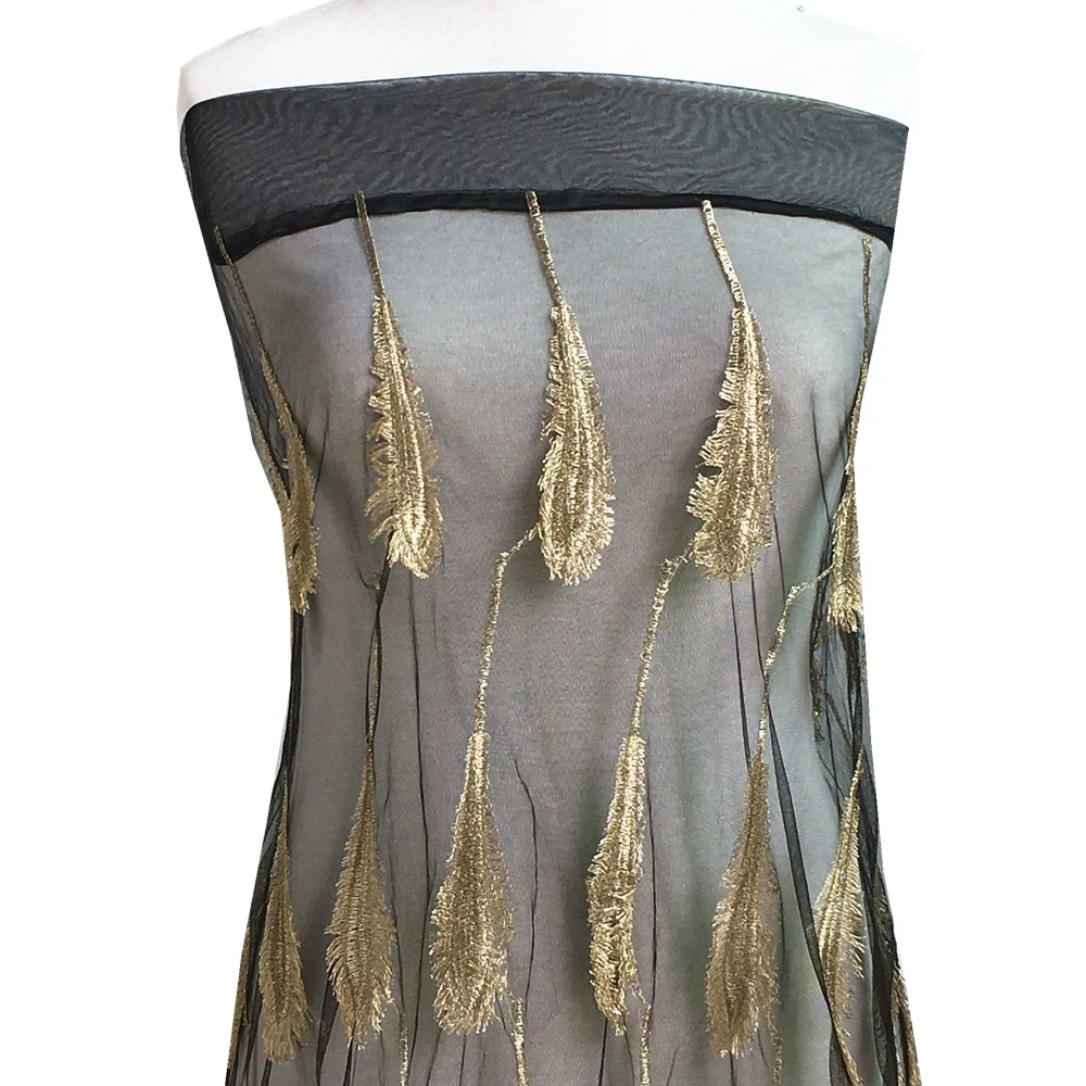 

Кружевная ткань для платья, с вышивкой золотыми перьями, 130 см, 1 ярд, французский гипюр кружева тюль, AF0097