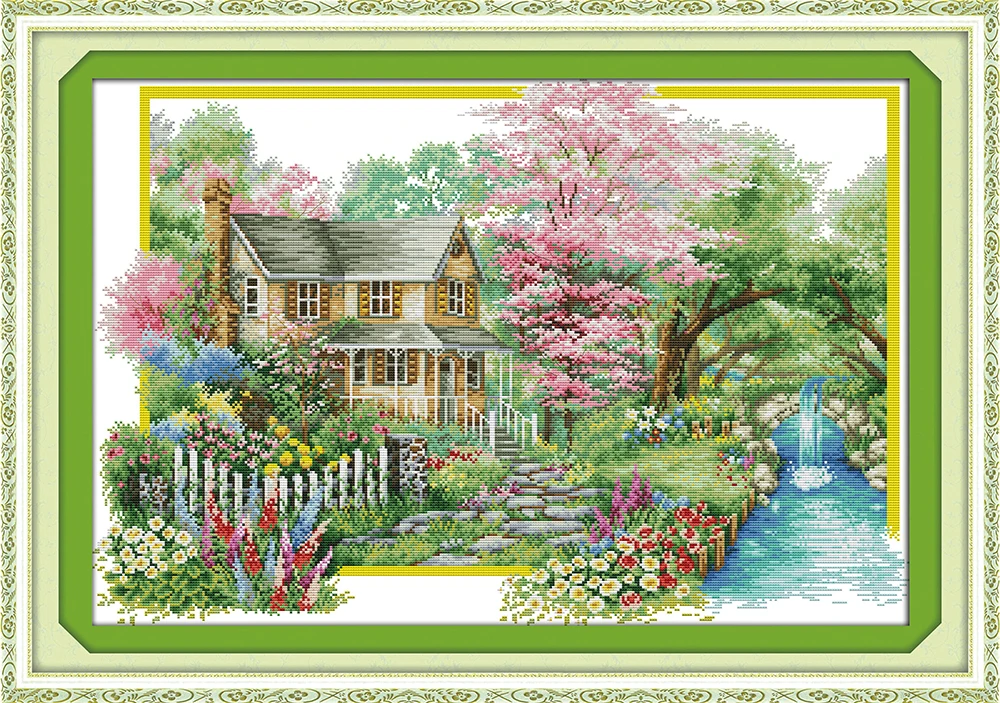 

Flowers villa cross stitch kit spring season 18ct 14ct 11ct printed canvas DMC color cotton thread embroidery DIY handmade