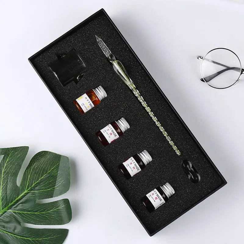 Vintage Crystal Glass Dip Pen Set Non-carbon Gold Ink Fountain Signature Calligraphy Pen Writing Tools Stationery Gift - Цвет: Big set design  7