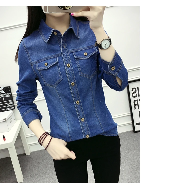 Fashion Spring Autumn women cotton pocket Turn-down Collar full-sleeve blouse Single Breasted blue Denim shirt casual tops