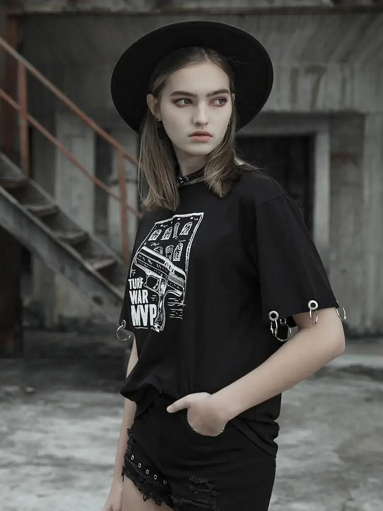 Женская футболка с принтом Goth черная свободная отсоединяемыми рукавами