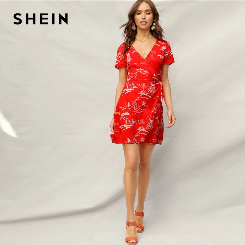 SHEIN Короткое Платье С Глубоким Вырезом И Тропическим Принтом Стильное Платье С Поясом На Запах