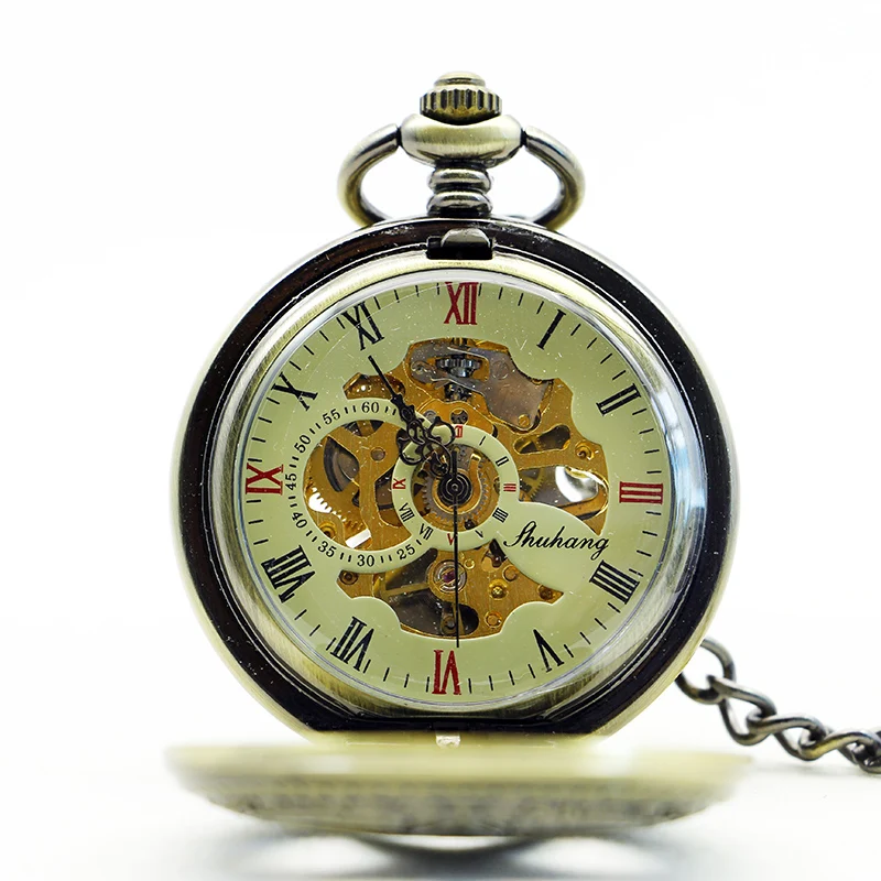 Lucky Pentagram Skull Mechanical Pocket Watch Vintage Steampunk Manual Chain Necklace Pendant Accessory Clock Gift