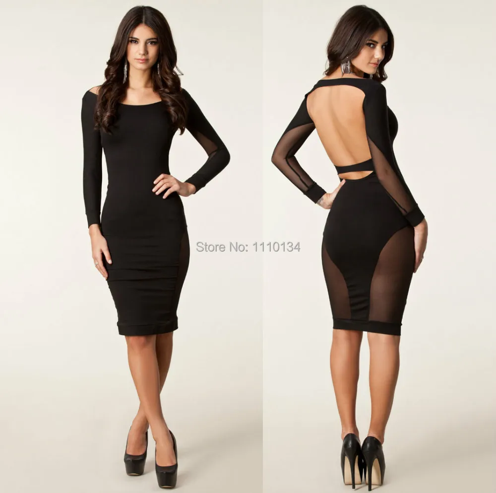 2016 женское шифоновое платье Сексуальное черное с длинным рукавом открытой