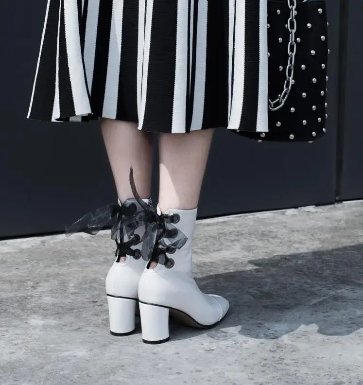 Stylesowner Fashion Square Toe Back Hollow Cross Tied Short Boots Patent Leather Solid Color Chunky High Heel Women Shoes | Обувь