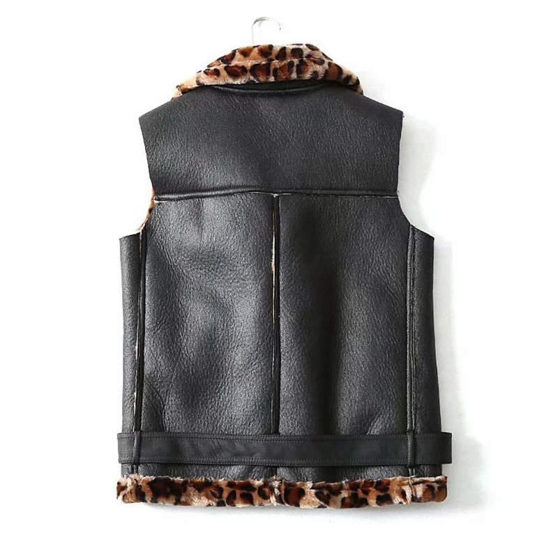 Fitaylor Autumn Winter Turn-down Collar Vest Faux Soft Leather Lambs Jacket Coat Women Leopard Print Black Punk Bomber Outerwear | Женская