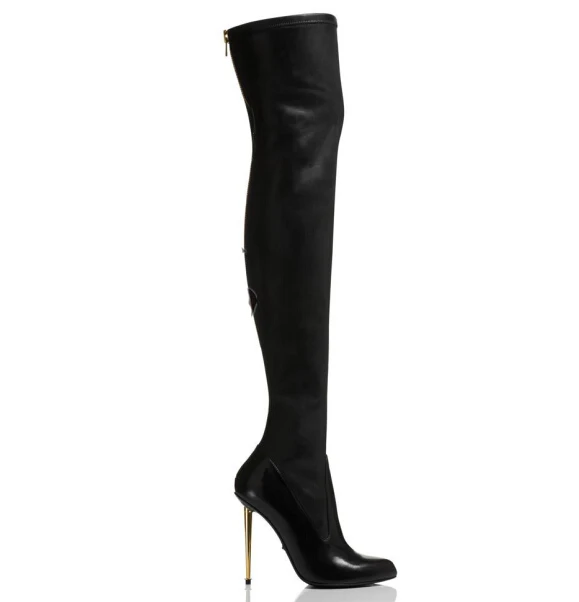 Goede Stretch Mode Lederen Metalen Stiletto Over De Knie Boot Hoge Hak Sexy Gold Rits Lange Laarzen Dij Hoge Winter Laarzen