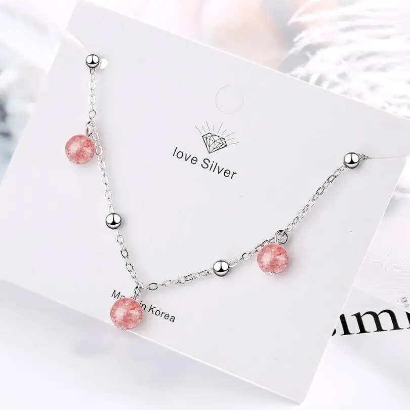 Простой Изысканный ножной браслет с клубничным кристаллом розового цвета для