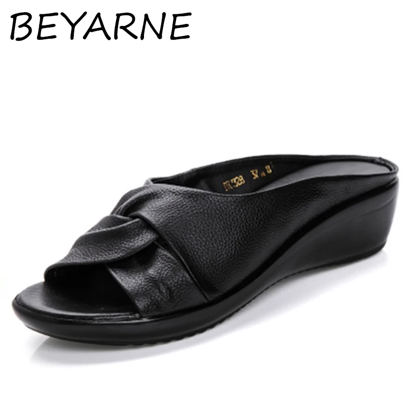 BEYARNE Genuine Leather mother slippers flat comfortable middle-aged soft fashion ladies sandals summer shoes E271 | Обувь