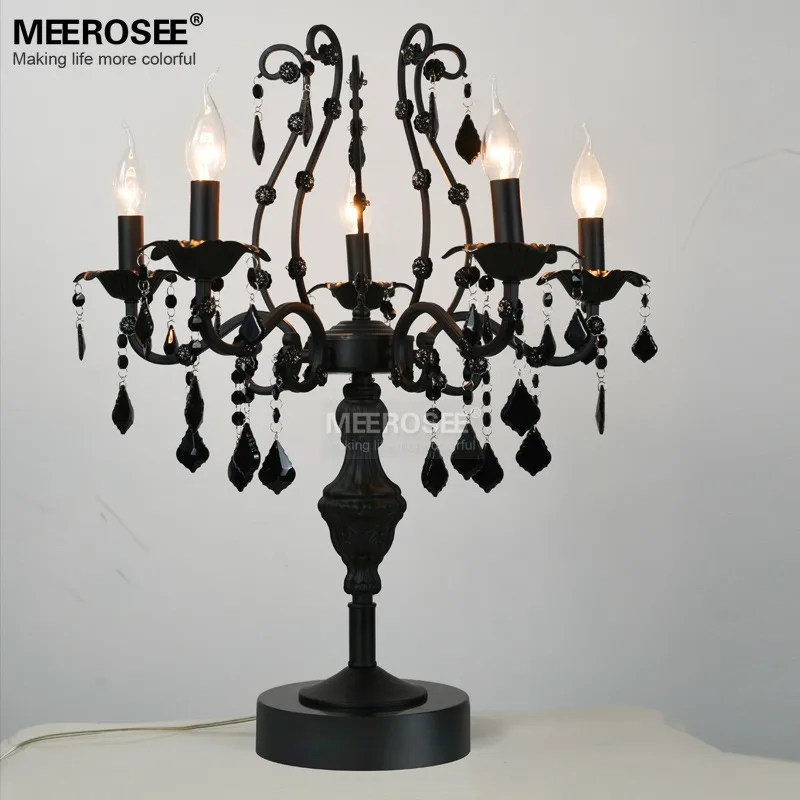 

5 Lights Vintage Black Crystal Table Lamp Desk Light Fixture Cristal Lustre de cristal Candelabra for Reading room Bedroom Decor