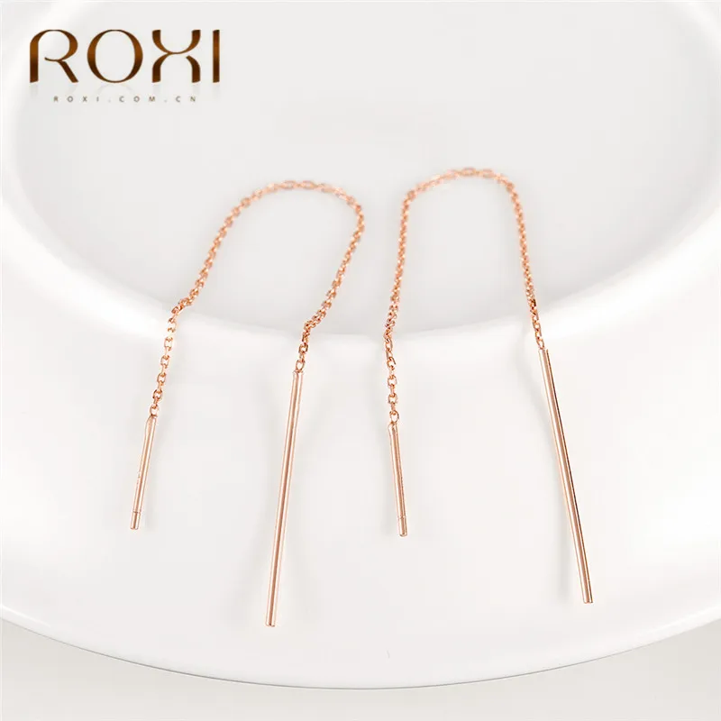 Rose gold ROXI, 925 пробы, серебряные серьги для женщин, длинные серьги с кисточками, линия ушей, Геометрическая палка, висячие серьги, ювелирное изделие - Окраска металла: Rose gold