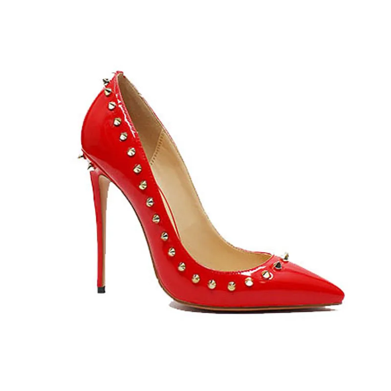 Женские туфли с заклепками черные красные на тонком высоком каблуке 12 см|high heels