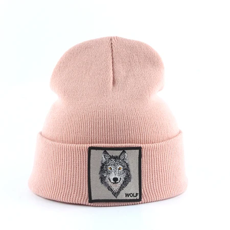 wolf pink Новая модная мужская шапка с вышивкой в виде животного волка, зимние шапки, вязаные шапки для мужчин, уличная одежда в стиле хип-хоп, шапка Skullies - Цвет: wolf pink
