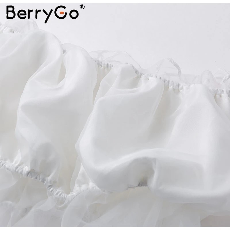 BerryGo сексуальный прозрачный в сеточку рукав женский белый короткий летний топ женский с открытыми плечами Топы Slash шеи шикарные вечерние женские топы для клуба