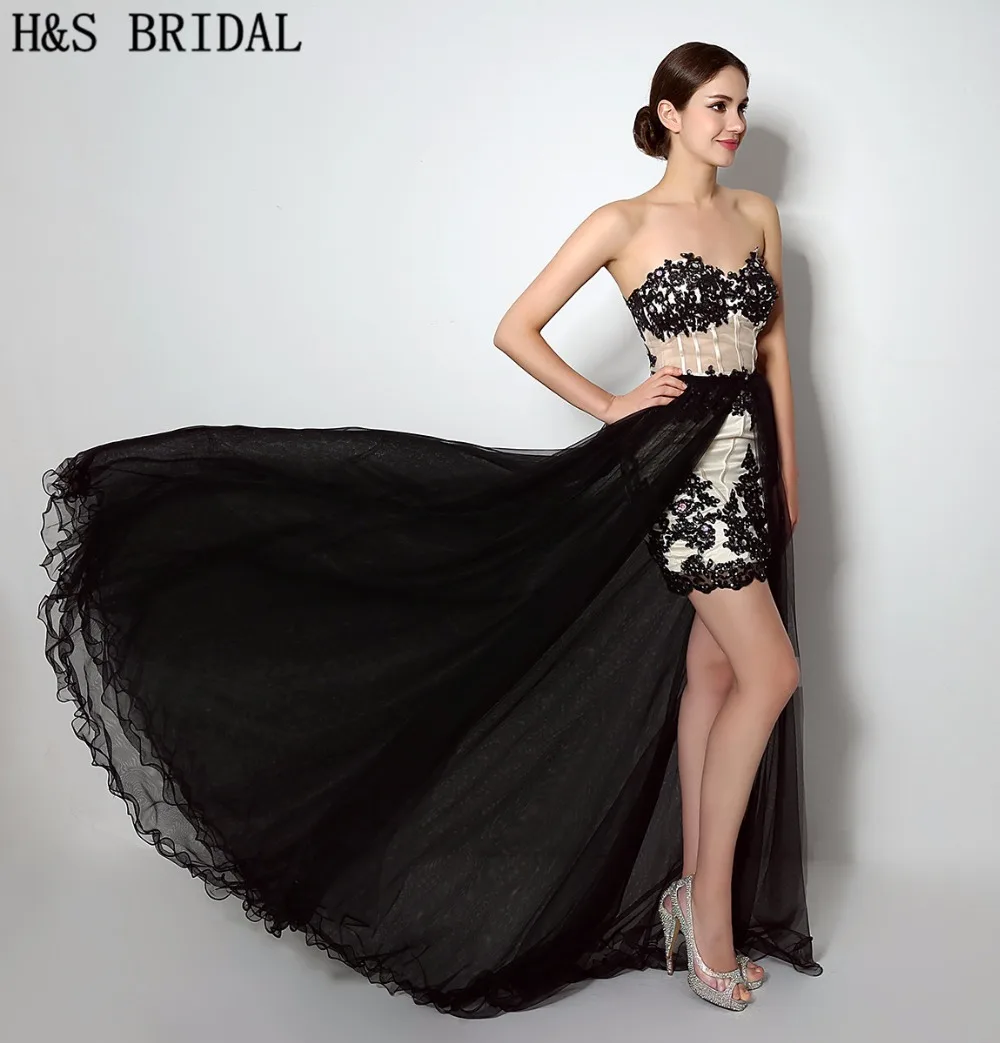 Женское платье со съемным шлейфом H & S Черное короткое вечернее с кружевной