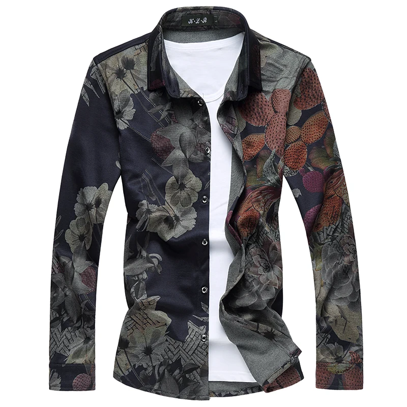 Brands Men Long-Sleeved Flower Shirt Large Size S-7XL Fashion Casual Male Cotton and Polyester Fabric Camisa | Мужская одежда
