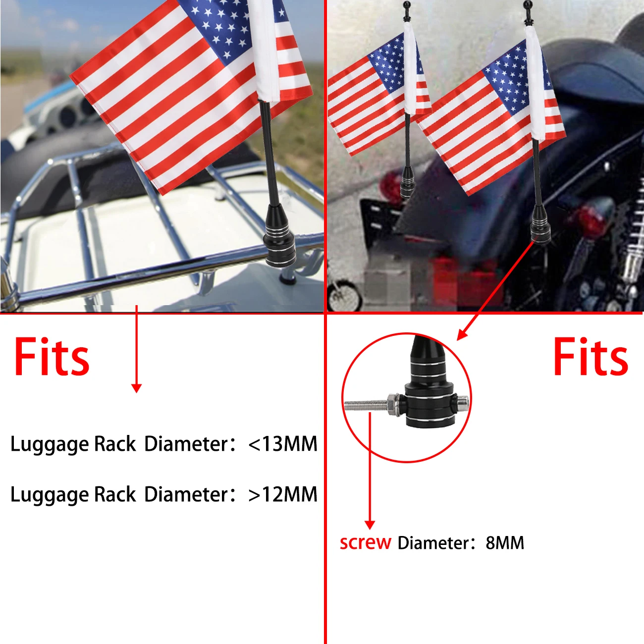 NAWOUK Rear Side Mount Luggage Rack Motorcycle US USA American Flag Pole For Harley Sportster Touring Honda Goldwing CB VTX CBR |