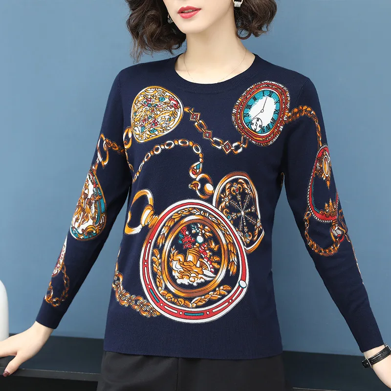 2019 осень свободный свитер геометрический принт блок с круглым вырезом Женский