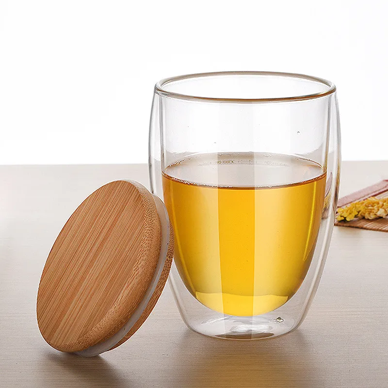 

350ml Double Layer Glass Tea Cup with Bamboo Cover Wine Coffee Champagne Beer Whiskey Glass Cups Bar Home Accessories