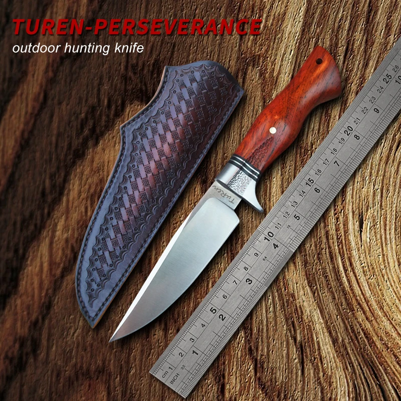TUREN-Handwork Hunting Knife 440C Steel Fixed Blade Knife with Leather Sheath Wooden Handle Outdoor Survival Camping Tools