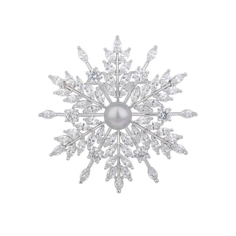 

YAN MEI New Arrival White Gold Color Zircon Pearl Brooch Micro Paved Snowflake Brooches Pin Women's Jewelry GLX0152