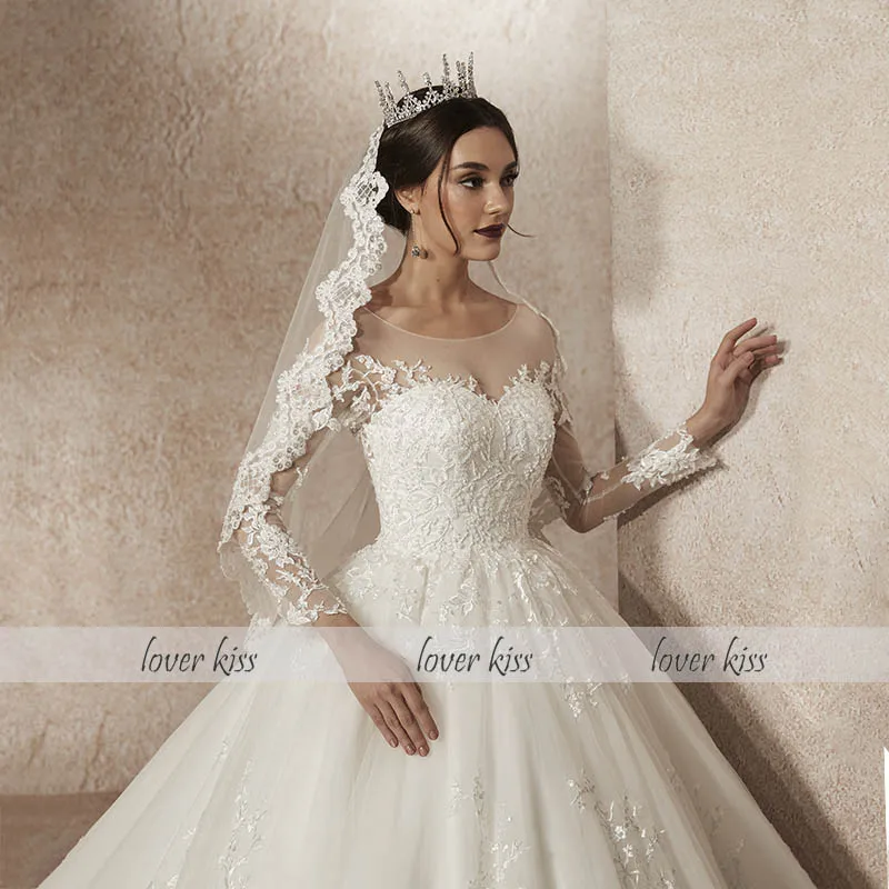 Lover Kiss Vestido De Noiva/ прозрачное Тюлевое свадебное платье с рукавом, кружевное свадебное платье с бисером и низкой спинкой