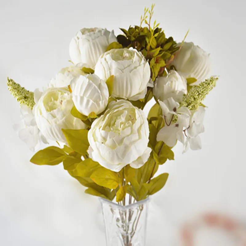 

White 13 peony artificial flowers wedding rose silk Fake leaves leaf bouquet Flower home office hotel decor