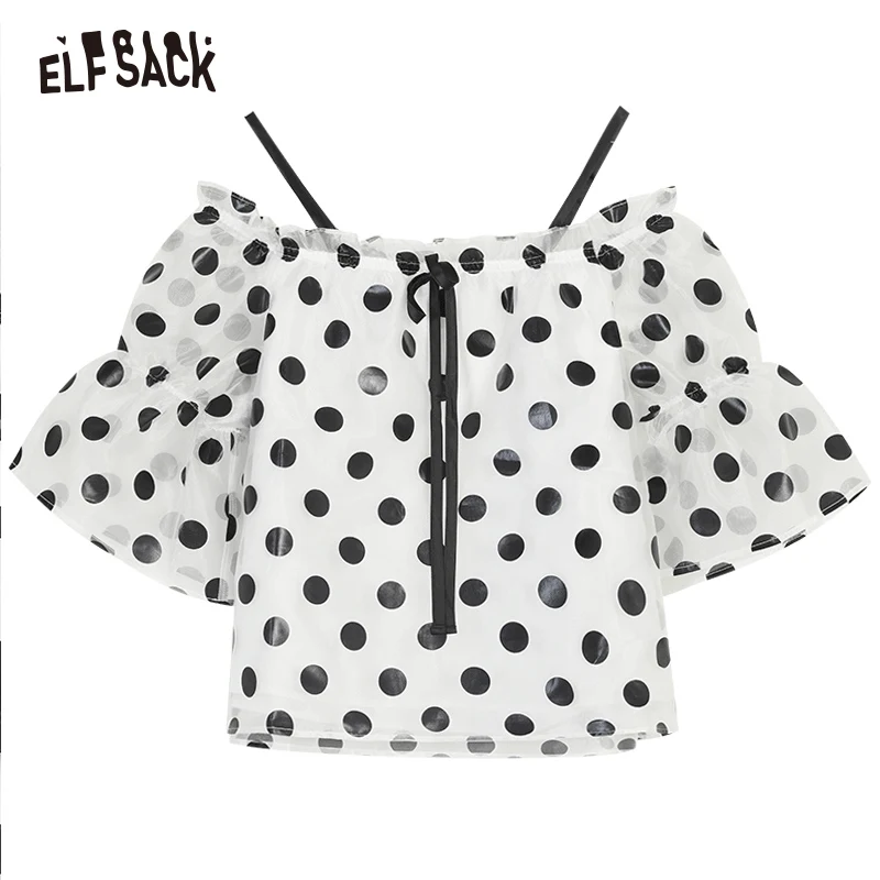 

ELFSACK White Polka Dot Casual Off Shoulder Blouse Women Top 2020 Autumn ELF Vintage Bow Front Korean Girly Sweet Dail Top