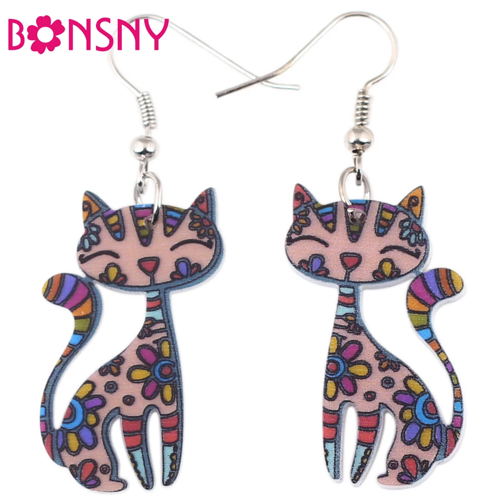 

Bonsny Acrylic Cartoon Floral Smile Cat Kitten Earrings Big Long Fashion Animal Jewelry For Women Girls Teens Trendy Accessories