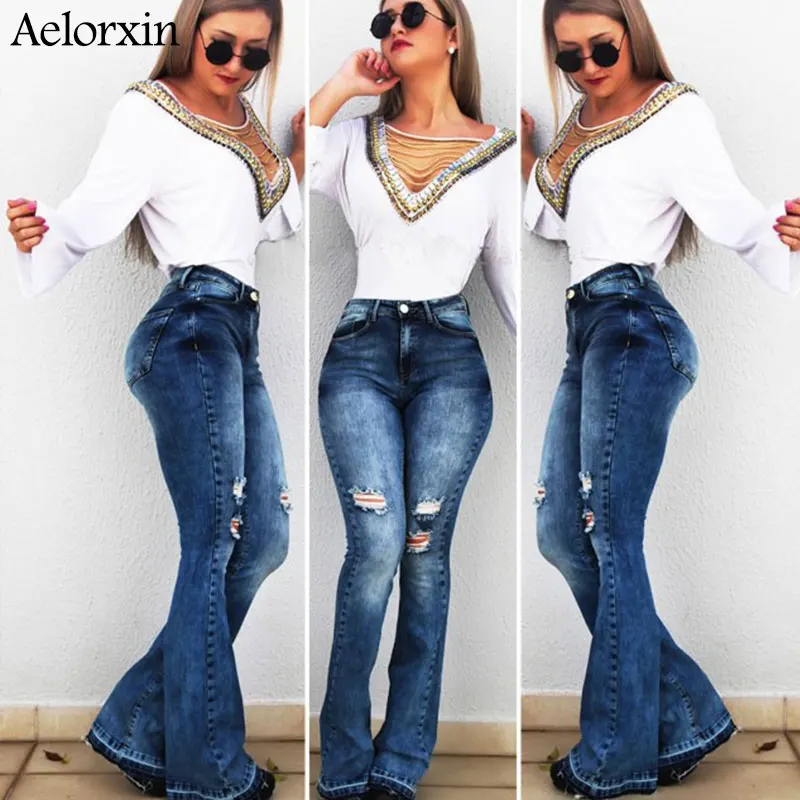 jeans woman new Retro wash elastic hips South American style wide leg flare plus size women jeans