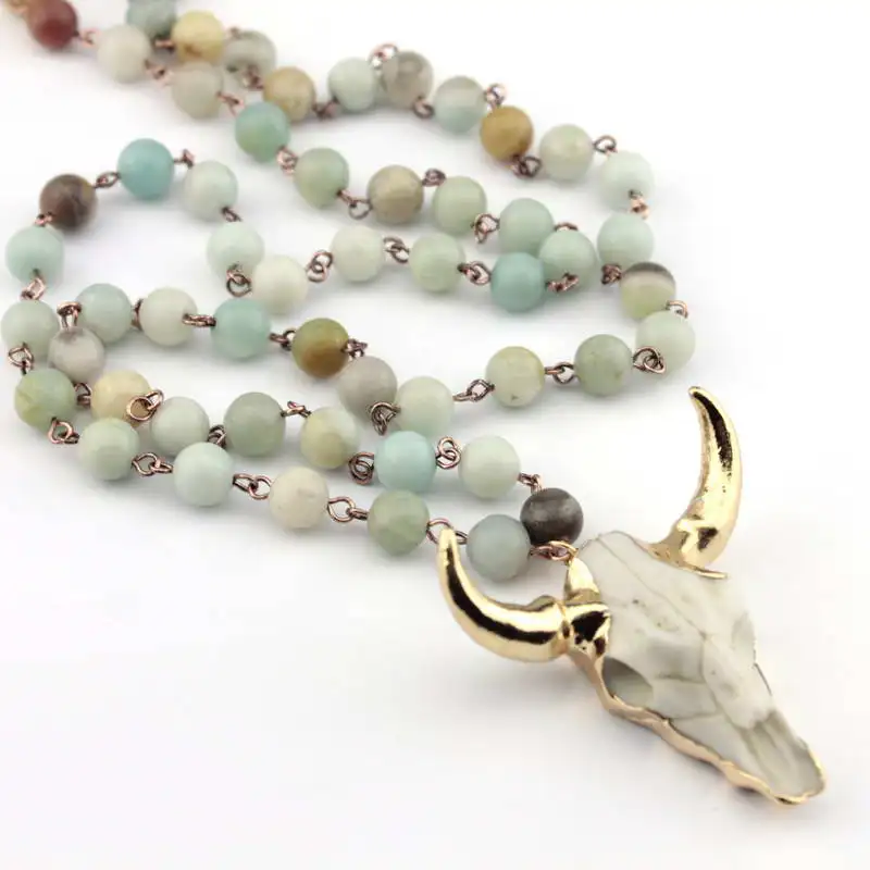 Fashion Bohemian Handmade Tribal Jewelry Round Beads Amazonite Stones Rosary Chain Statement Horn For Women Pendant Necklace