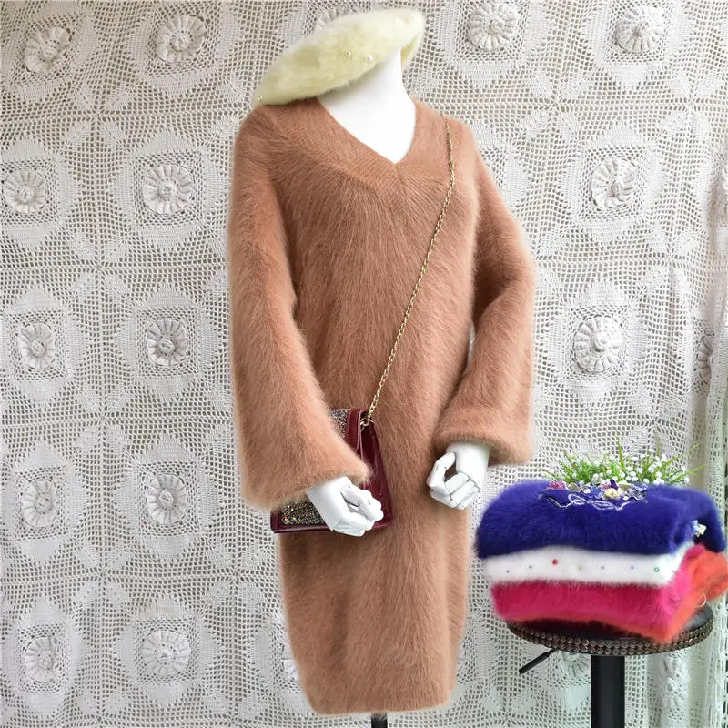 Length80 Chest100cm Женское модное повседневное длинное платье-свитер с v-образным вырезом из плюша с кроличьим мехом ангоры, вязаный пуловер с рукавами-фонариками, зимнее платье - Цвет: Length80 Chest100cm