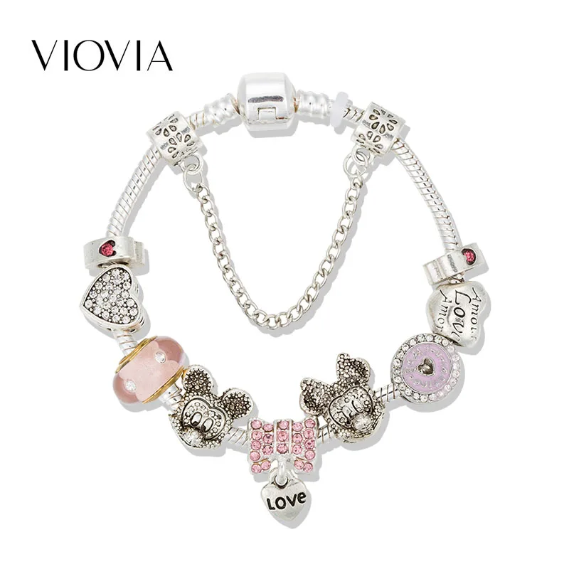 VIOVIA, Новое поступление, браслет с Микки и Минни, розовый, муранское стекло, сделай сам, браслет с бусинами, ювелирные изделия для женщин и девушек, B19019
