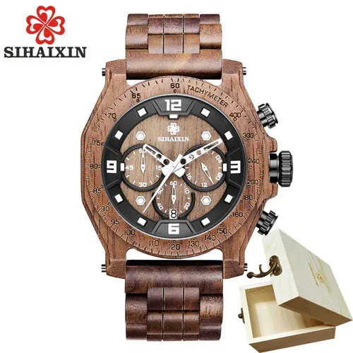 with box SIHAIXIN A19G-2 часы из натурального дерева для мужчин Высокое качество водонепроницаемый Дата Бизнес кварцевые мужские часы Рождественский подарок erkek kol saati - Цвет: with box